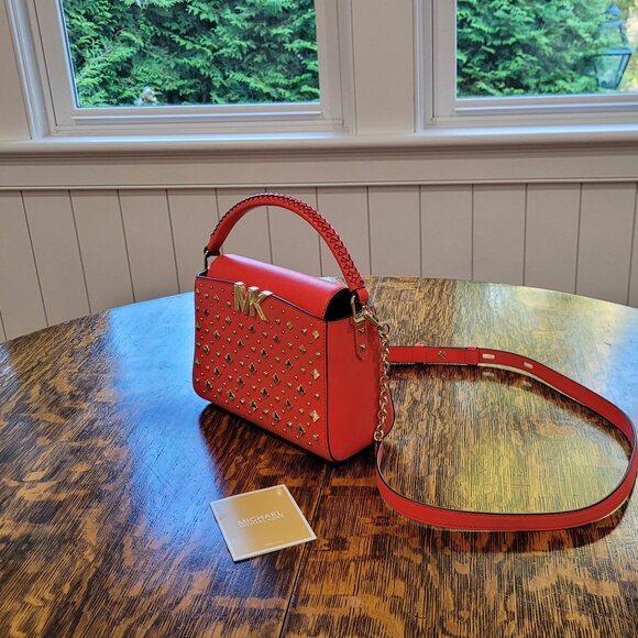 NWOT Michael Kors Gold Studded Crossbody Bag. Red. Gold Chain. Removable Strap. - Picture 4 of 16
